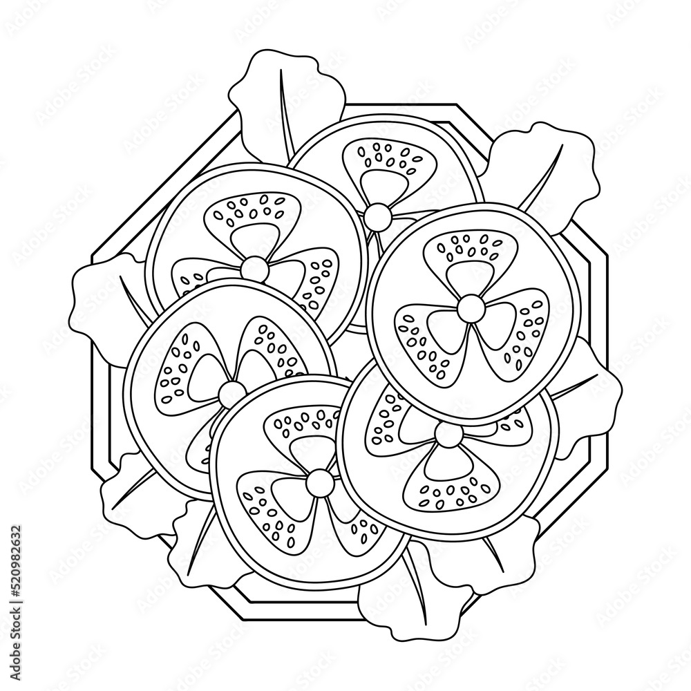 Coloring page. Lettuce leaves, tomato slices on a serving platter. Vector illustration. Coloring page. Lettuce leaves, tomato slices on a serving platter. Vector illustration.