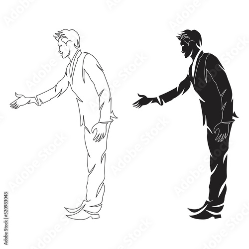 Business man want to handshake line art drawing style, the boy sketch black linear isolated on white background, the best jogging vector illustration.