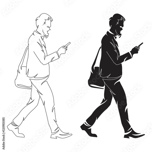 Man walk and seen his phone line art drawing style, the man sketch black linear isolated on white background, the best man walk line art vector illustration. © Graphic toons