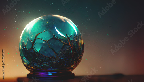 Magic glass ball. Neon light, neon. Fantasy ball, predictions of the future, divination.