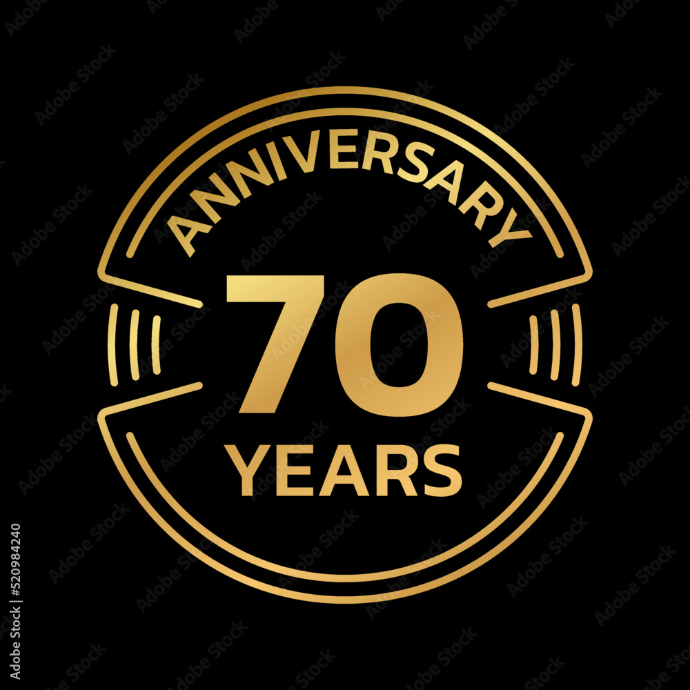 70th Anniversary golden logo or icon. 70 years round stamp design. Birthday celebrating, jubilee circle badge or label template. Vector illustration.