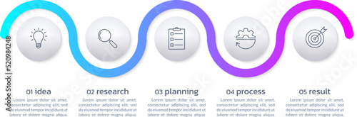 5 step infographic 3d design with business icons. Process, presentation diagram, timeline info graphic template with circle elements. Vector illustration.