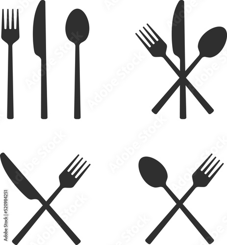 Fork, spoon and knife icon set. Crossed cutlery silhouette collection. Silverware or tableware black symbols. Vector illustration.