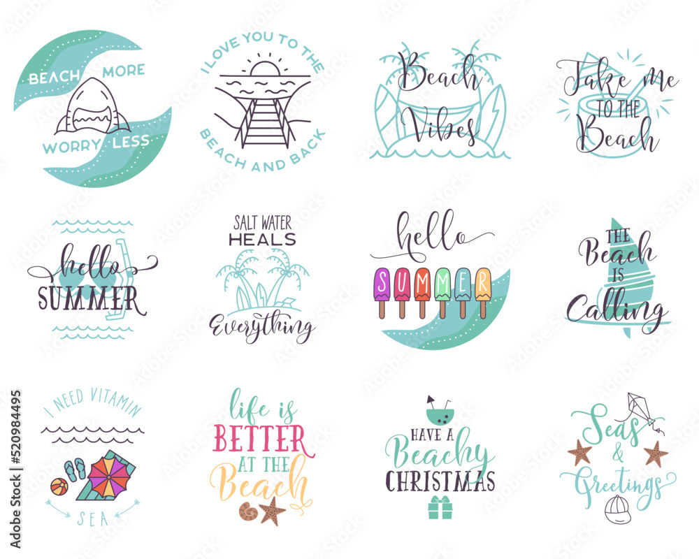 Summer round signs set. Beach badges with different quotes - Hello summer, beach vubes, have a beachy Christmas. Stock vector t shirt prints Summer round signs set. Beach badges with different quotes - Hello summer, beach vubes, have a beachy Christmas. Stock vector t shirt prints