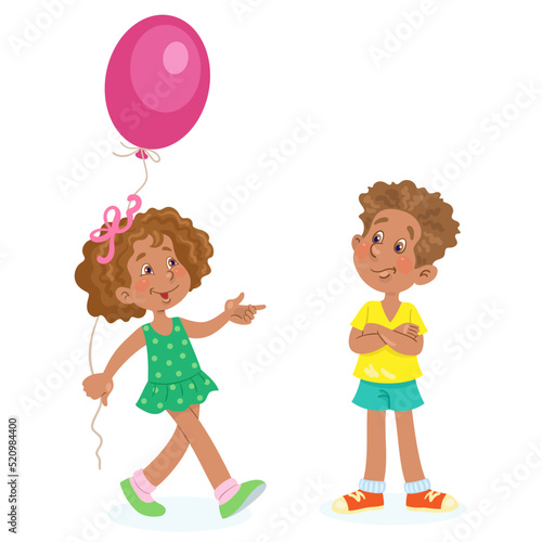 Cute little girl gives a big balloon to a funny boy. In cartoon style. Isolated on white background. Vector illustration