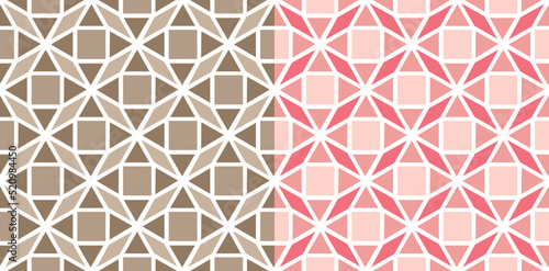 Tessellated repeating 3d effect pattern of octagons, squares and triangle in white outline with two color choices of pinks and pale browns, geometric vector illustration