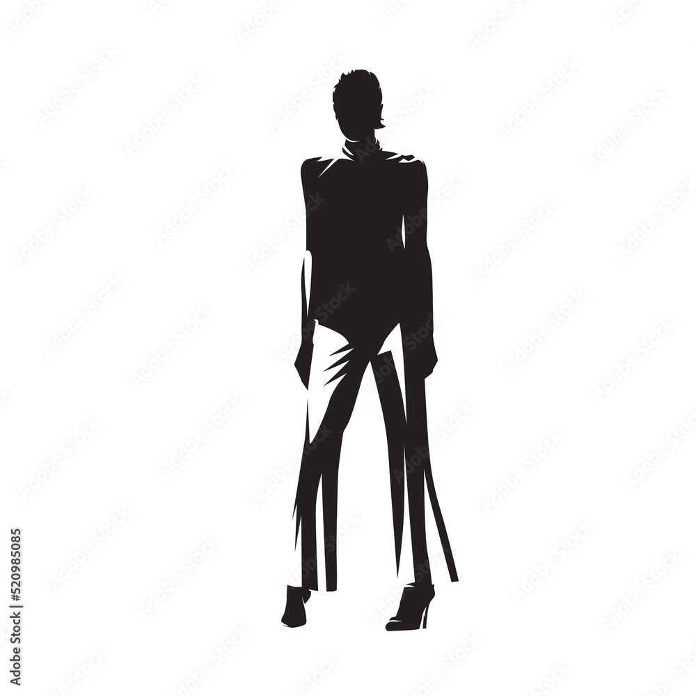 Business woman stands dressed in slacks and high heels. Abstract isolated vector silhouette, ink drawing Business woman stands dressed in slacks and high heels. Abstract isolated vector silhouette, ink drawing