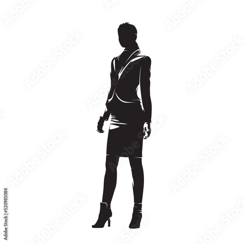 Business woman standing in ladies jacket, abstract isolated vector silhouette, ink drawing