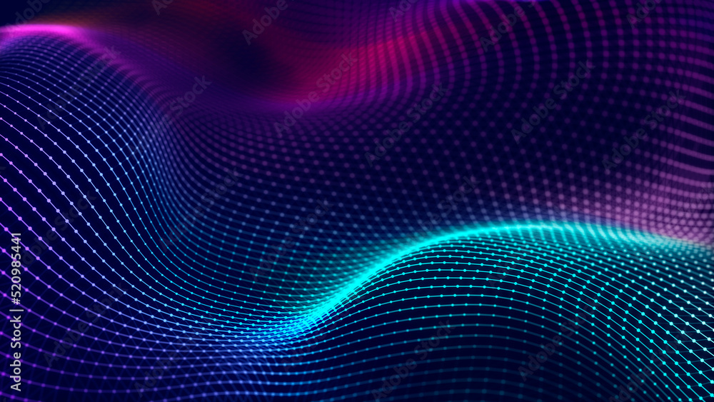 Futuristic dots pattern on dark background. Colored music wave. Big data. Technology or Science Banner. 3D rendering Futuristic dots pattern on dark background. Colored music wave. Big data. Technology or Science Banner. 3D rendering