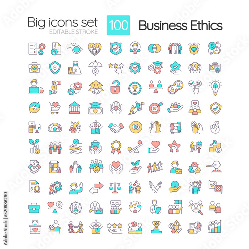 Business ethics RGB color icons set. Teamwork in workplace. Reaching goals together. Isolated vector illustrations. Simple filled line drawings collection. Editable stroke. Quicksand-Light font used
