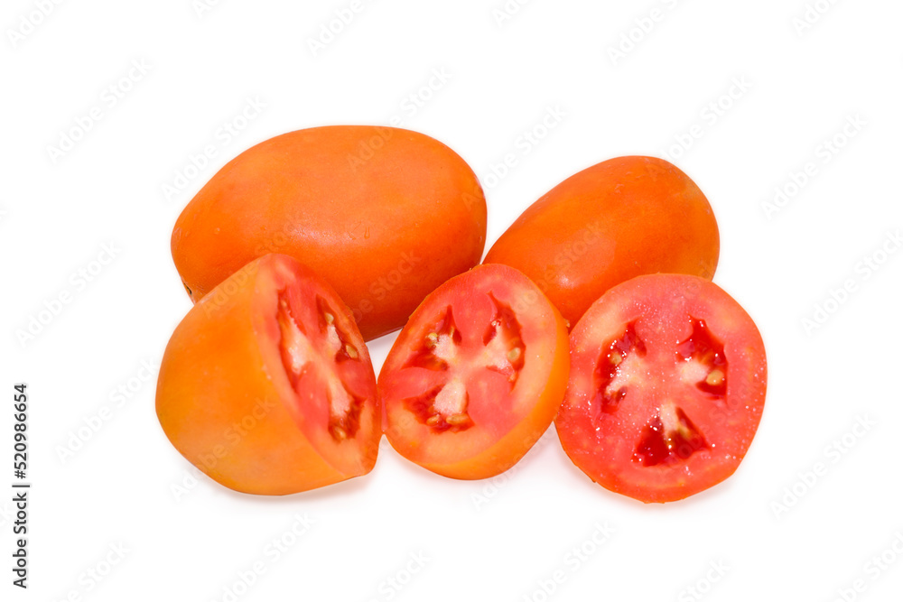 Fresh organic cherry tomatoes slices isolated on white background, Close up Fresh organic cherry tomatoes slices isolated on white background, Close up
