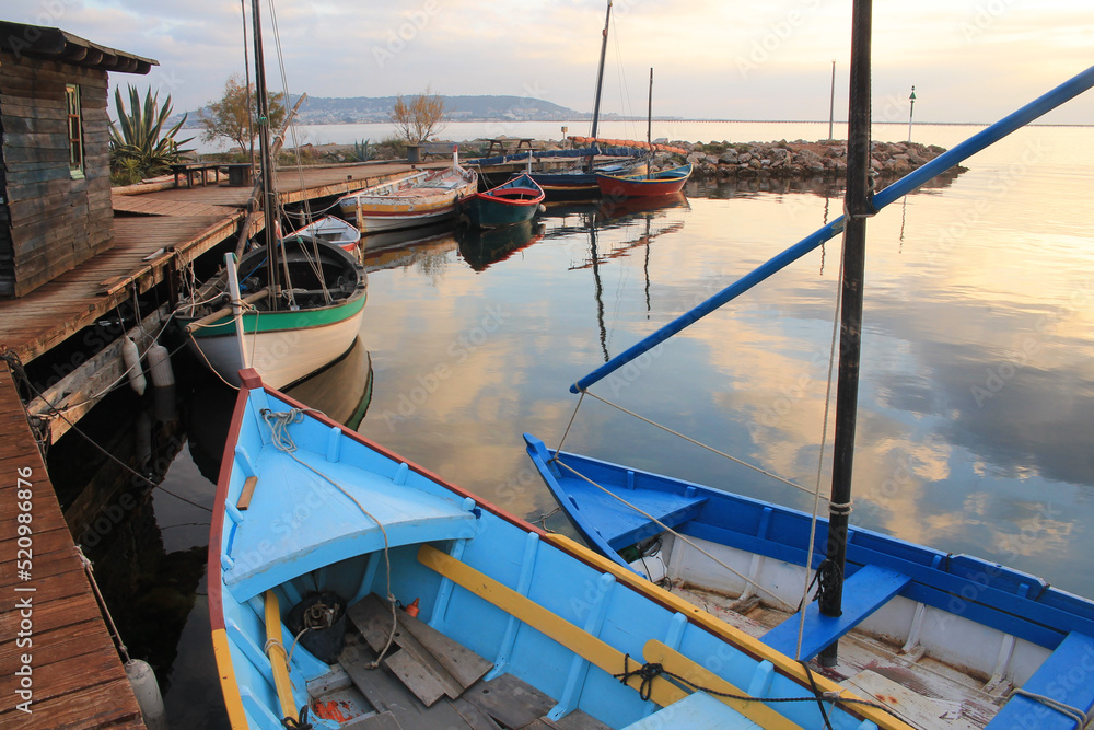 Traditional wooden boats at Bouzigues, a beautiful fishing village in the Bassin de Thau, Herault, France