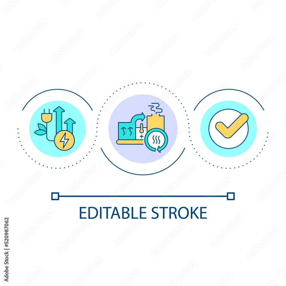 Power station loop concept icon. Heat engine. Cogeneration technology. Energy efficiency abstract idea thin line illustration. Isolated outline drawing. Editable stroke. Arial font used Power station loop concept icon. Heat engine. Cogeneration technology. Energy efficiency abstract idea thin line illustration. Isolated outline drawing. Editable stroke. Arial font used