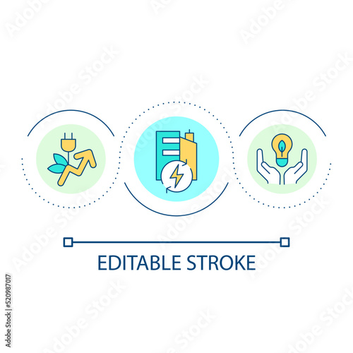 Energy efficiency at workplace loop concept icon. Sustainable electricity consumption in office abstract idea thin line illustration. Isolated outline drawing. Editable stroke. Arial font used