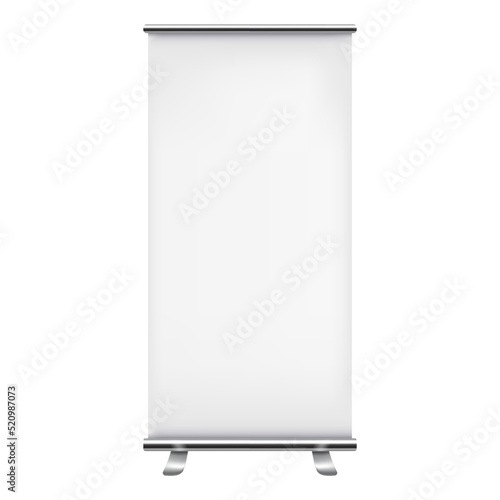 Blank roll up banner. 3d template for your design. For promotional presentation. Realistic vector illustration isolated on white background.