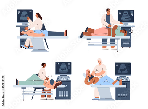 Set of scenes with doctor doing ultrasound researches for patients flat style