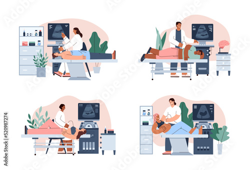 Set of scenes with doctors making ultrasound for patients flat style
