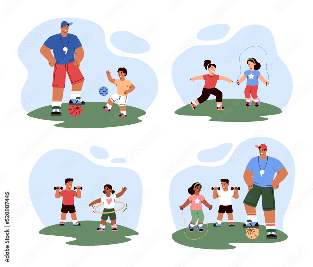 Set of scenes about physical education flat style, vector illustration