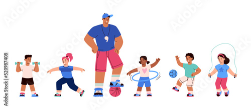 Teacher conducts a physical education lesson, vector flat illustration on a white background.
