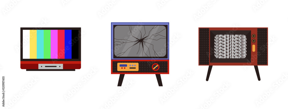 Broken screen and no signal tv monitors set, flat vector illustration isolated. Broken screen and no signal tv monitors set, flat vector illustration isolated.
