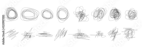 Hand drawn chaotic scribbles. Vector set of abstract mess line doodles, frames