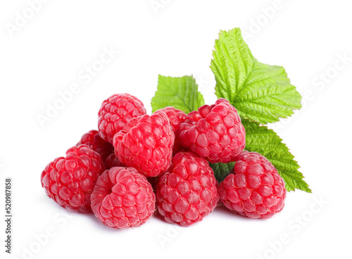 Fresh red ripe raspberries with green leaves isolated on white
