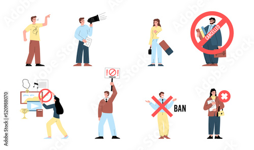 Cancel culture symbols set with persons being boycotted, flat vector isolated.