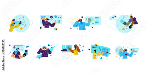 People wearing VR glasses and using virtual reality programs, flat vector illustration isolated on white background.