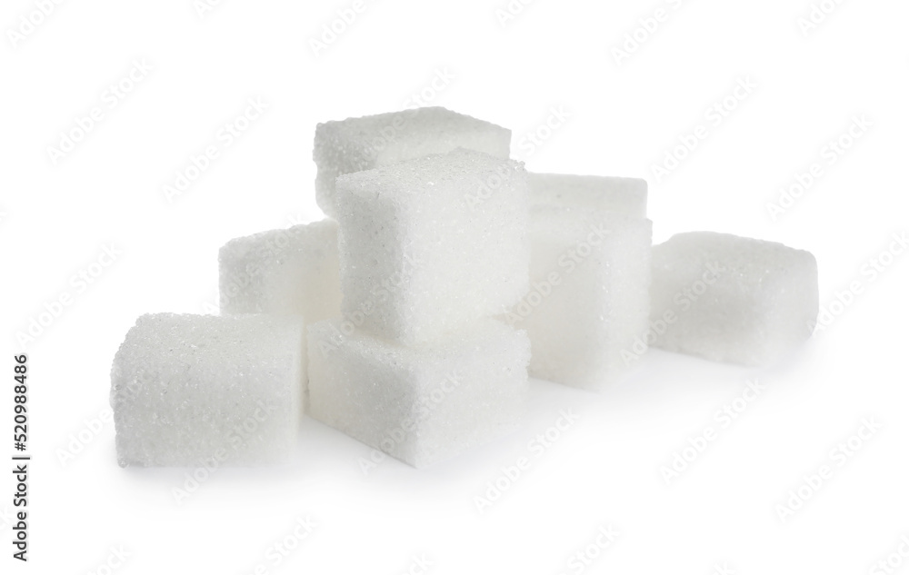 Pile of refined sugar cubes on white background Pile of refined sugar cubes on white background