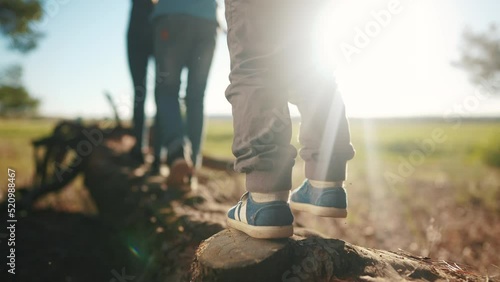 group of children playing in the park. legs close-up walking on a log in a forest park. happy family kid dream concept. group team of children walk on a fallen tree in lifestyle a forest park