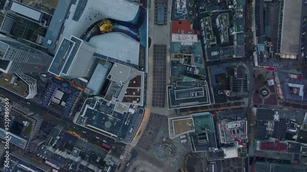 Aerial birds eye overhead top down view of building along Zeil shopping street. Modern design building of MyZeil centre. Wide pedestrian zone. Frankfurt am Main, Germany Aerial birds eye overhead top down view of building along Zeil shopping street. Modern design building of MyZeil centre. Wide pedestrian zone. Frankfurt am Main, Germany