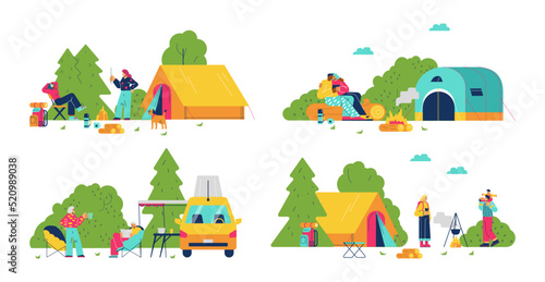 Glamping tourism with comfortable tents and campervans, flat vector illustration isolated on white background.