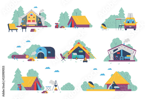 Glamping and camping comfortable tents with furniture, flat vector illustration isolated on white background.
