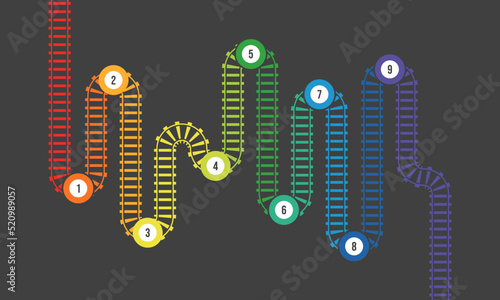 Vector illustration of curved railroad with marks isolated on dark background. Straight and curved railway train track infographic template. Top view railroad train path. 