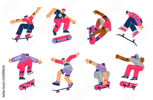 Young people jumping on skateboards, flat vector illustration isolated on white background.