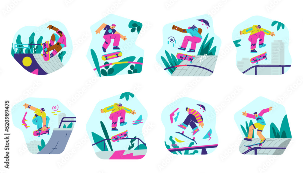 custom made wallpaper toronto digitalTeenagers making tricks on skateboards in skatepark, flat vector illustration isolated on white background.