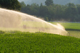 Sprinkler irrigation system in the countryside at sunrise.