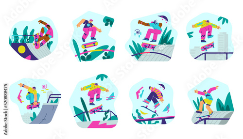 Teenagers making tricks on skateboards in skatepark, flat vector illustration isolated on white background.