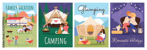 Glamping with friends and family, posters set templates - flat vector illustration.