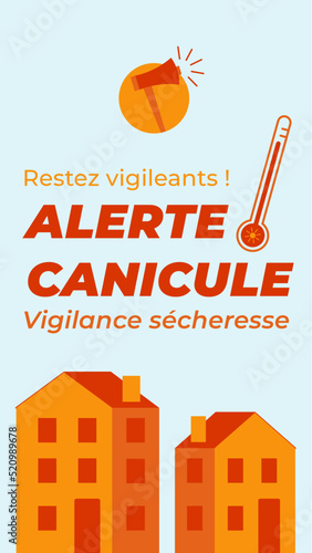 Alerte canicule et sècheresse. Illustration vectorielle pour réseaux sociaux  avec une ville, pour la vigilance canicule.
