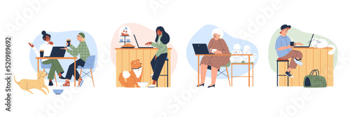 People in pet friendly cafe with cats and dogs flat vector illustration isolated.