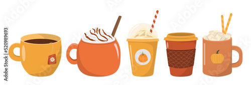 Autumn hot drinks collection. Hot chocolate, pumpkin spice coffee, cocoa with whipped cream and marshmallows, tea. Autumn holidays banner design