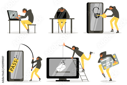 Hacker, cybercriminal, thief, set of vector flat illustrations on white background.