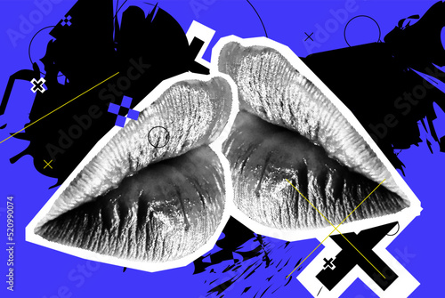 Kissing Halftone Woman Lips On Bright Background