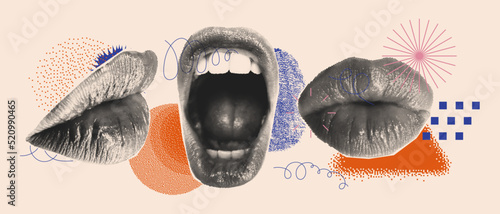 Set of Halftone Female mouths in different poses. Wide open mouth and closed kissing lips, side and front view
