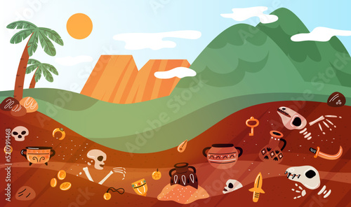 Archeology soil layers. Paleontological excavations with ancient valuables and skeletons. Underground artifact. Tropical scenery. Treasure and skulls in ground. Garish vector concept