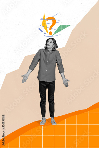 Vertical banner collage of guy not know what to do wear casual cloth isolated on painting colorful background