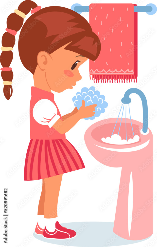 Child handwashing. Cartoon girl wetting hands in basin Child handwashing. Cartoon girl wetting hands in basin