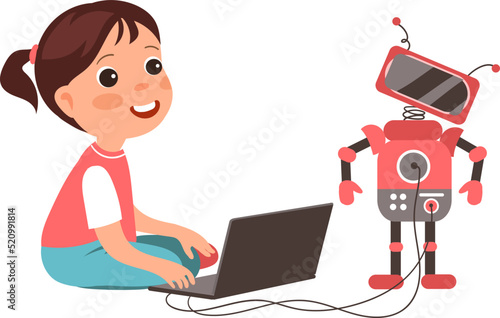 Children assemble robot. Girl with robotic toy and laptop. Kid programming artificial intelligence. Baby creating android. Automatic machine. AI technology. Vector educational project