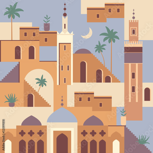 Vector abstract Middle Eastern town flat illustration. Seamless architecture pattern. Morocco inspired digital paper with mosque, tower, house, plants, palm trees. Ramadhan travel geometric pattern